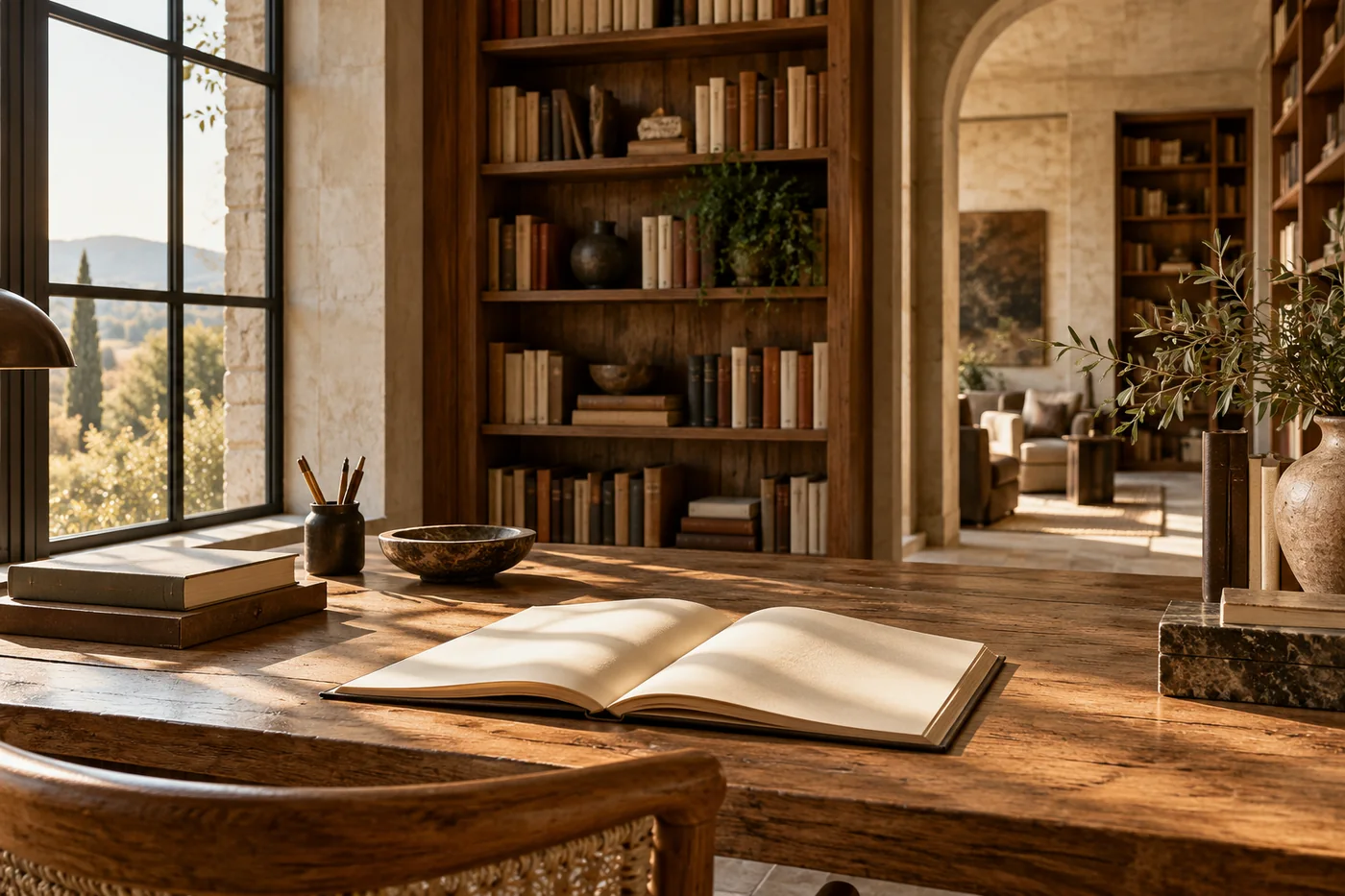 Ambiente de leitura com livros e caderno aberto, em cena gerada por IA.