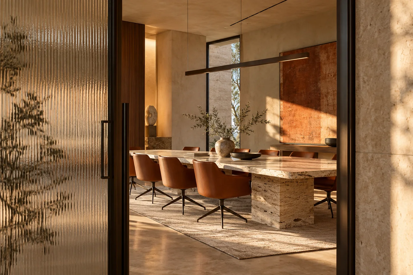Sala de reunião vista através de uma divisória de vidro, em imagem gerada por IA.