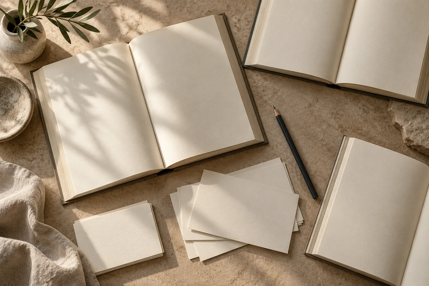 Livros e folhas sem texto sobre uma mesa, em composição gerada por IA.
