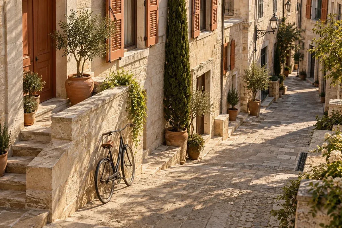 Rua tranquila com bicicleta, plantas e fachadas