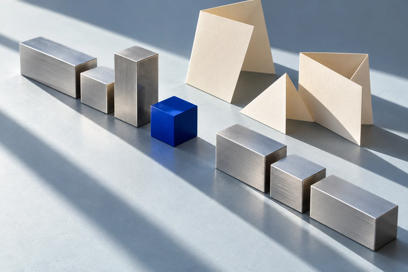 Blocos de metal e peças de papel formando uma composição modular.
